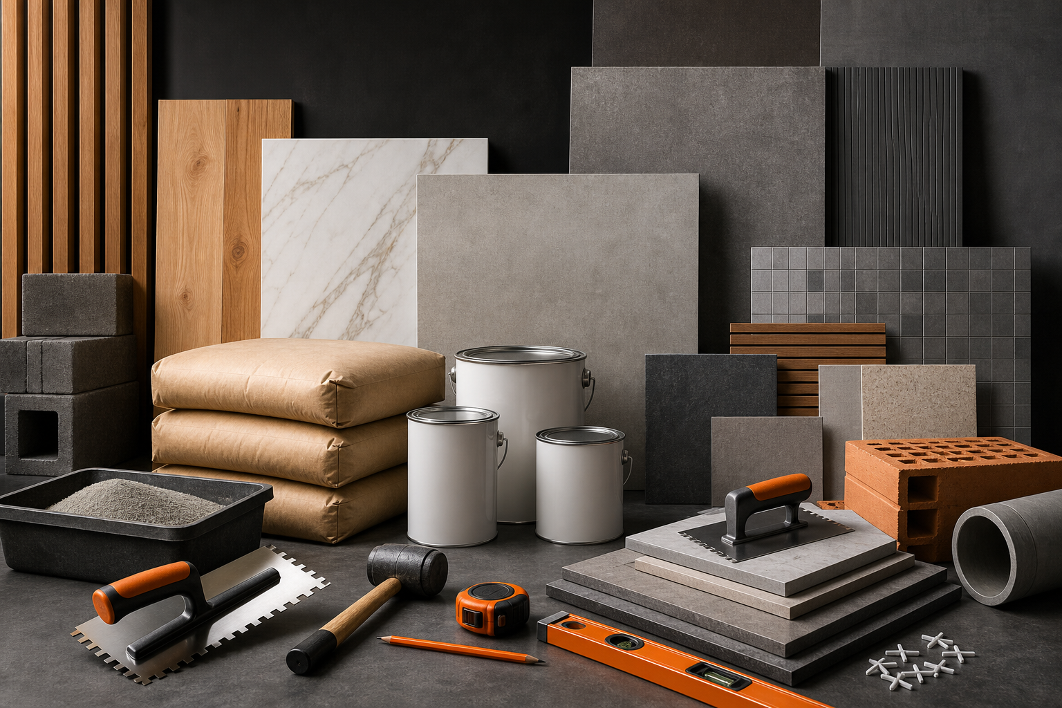 Materiais de construção organizados para fornecimento